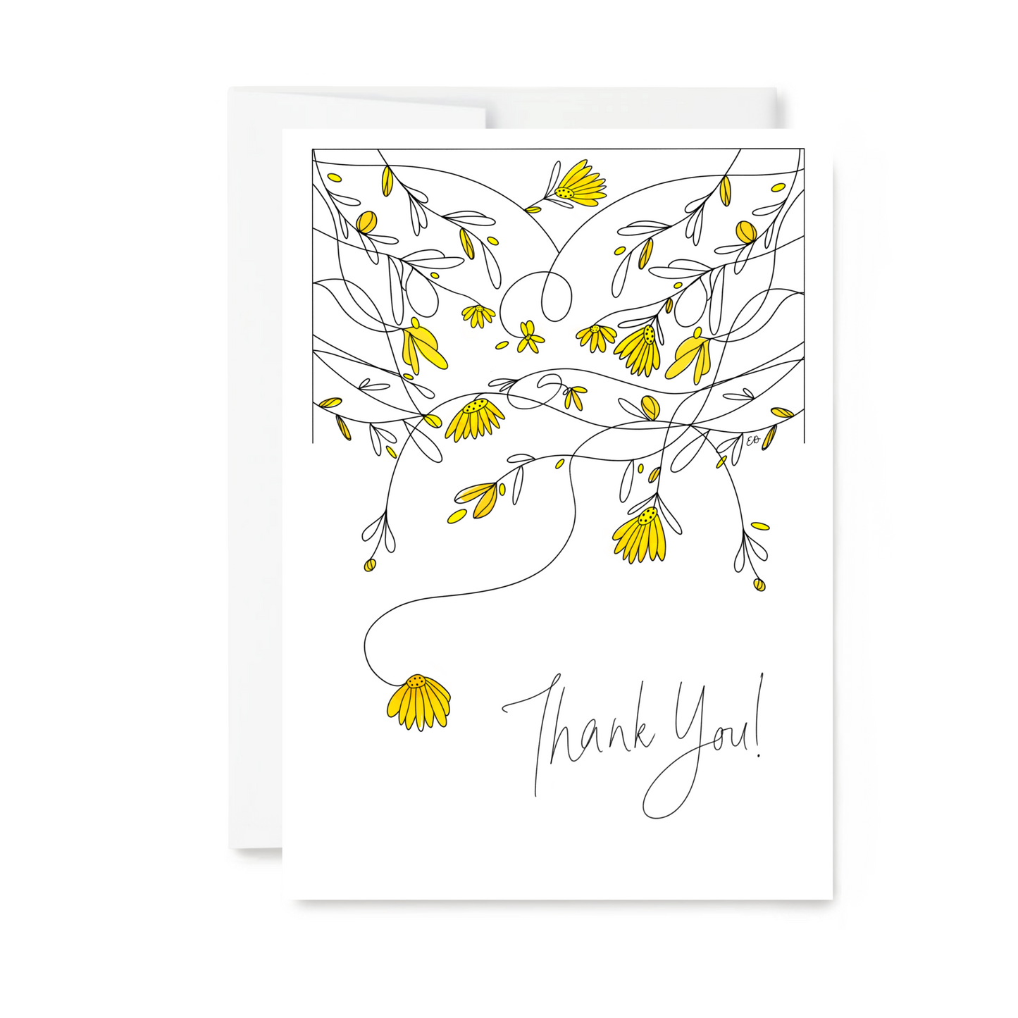 Thank You Greeting Card with Yellow Floral Design and White Envelope
